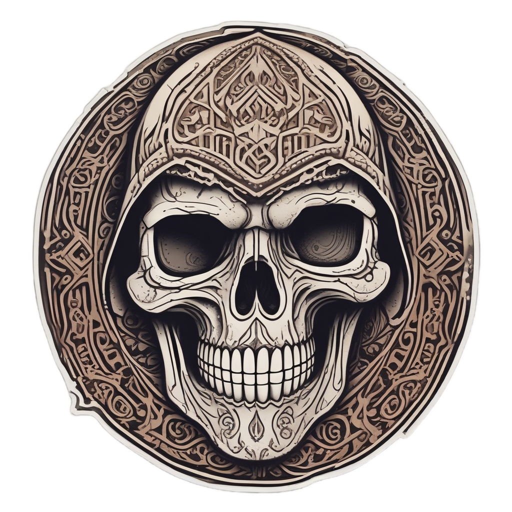 A hooded reaper skull adorned with tribal patterns and runes