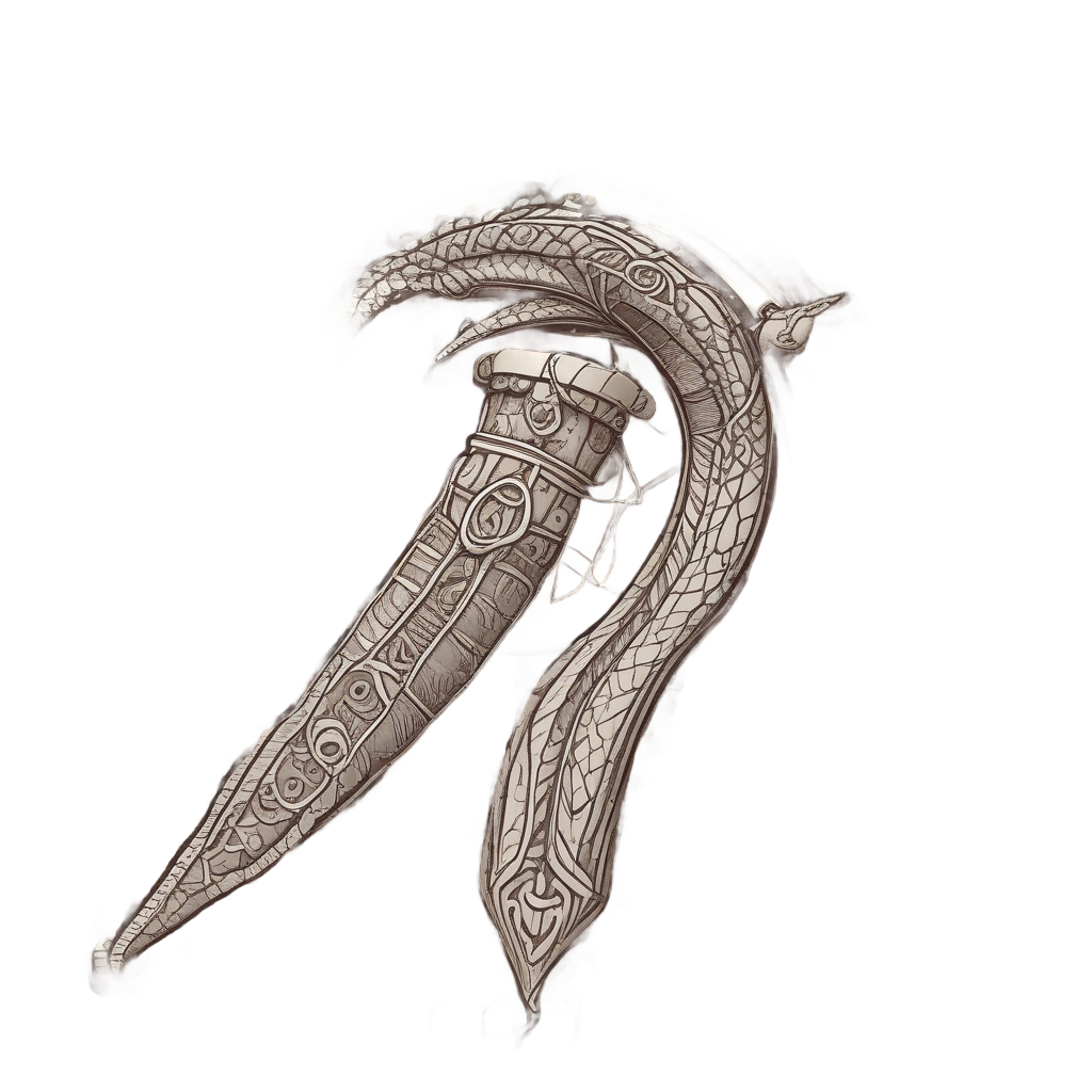 A sepia-toned lineart snake with glowing runes coils around a rune-covered dagger