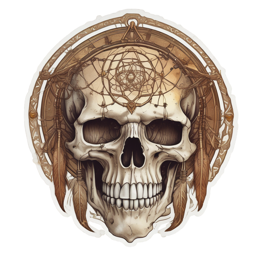 An ancient watercolor skull with glowing runes on a white background