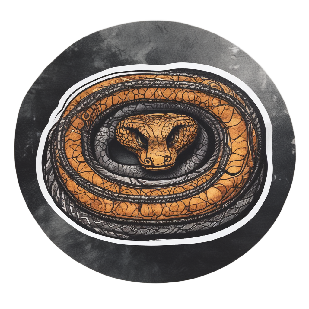 Blackwork snake coiled around an ochre stone in watercolor style