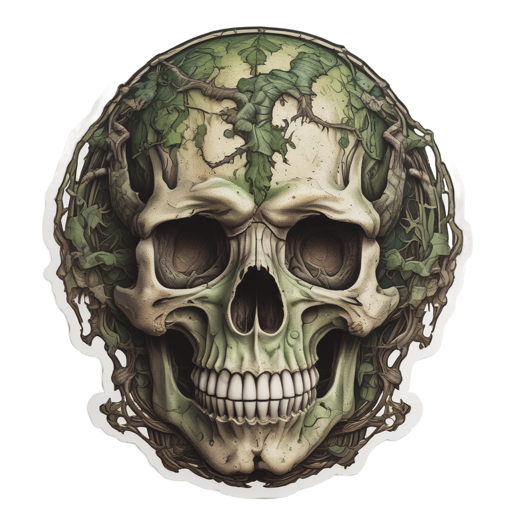 A weathered ancient skull with thorned vines in earthy browns