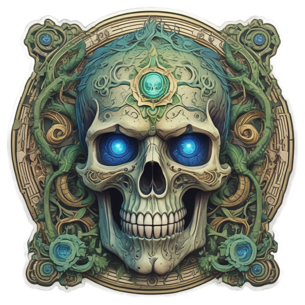 An ancient skull with runic vines and a glowing holographic blue eye
