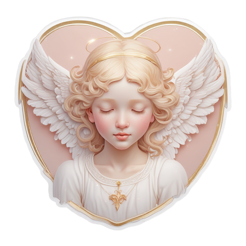 A blushing heart with white wings and a golden halo