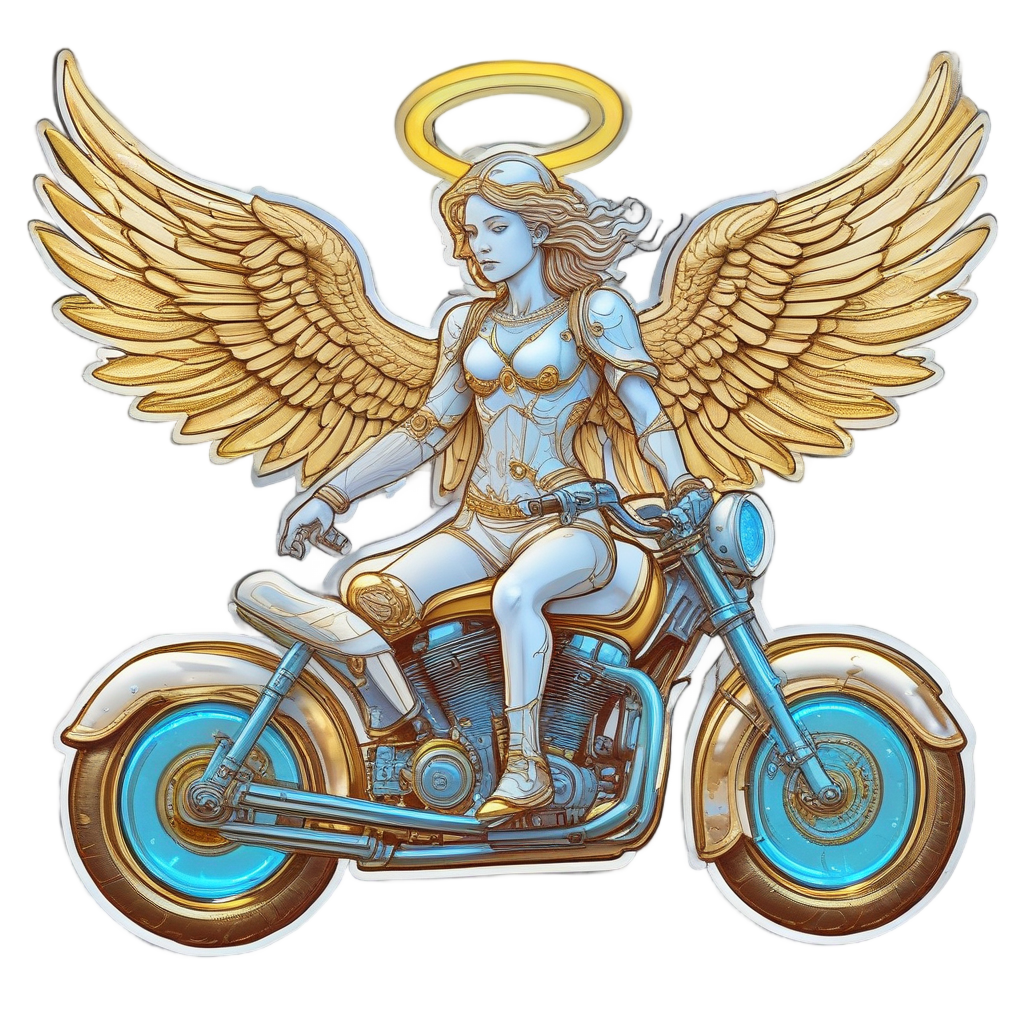 Neon-white angel with golden wings on a gold cruiser with light trails