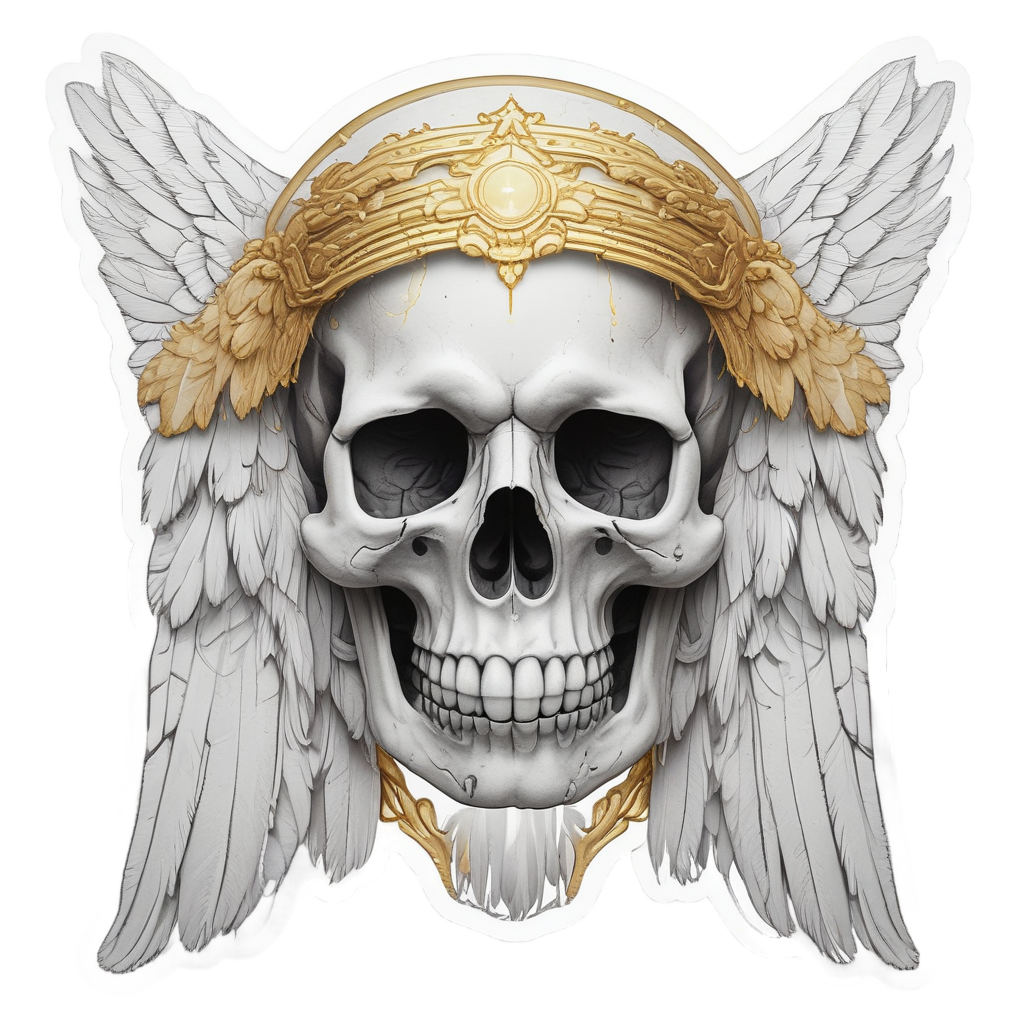 A neon white angel feather skull with halo die-cut sticker