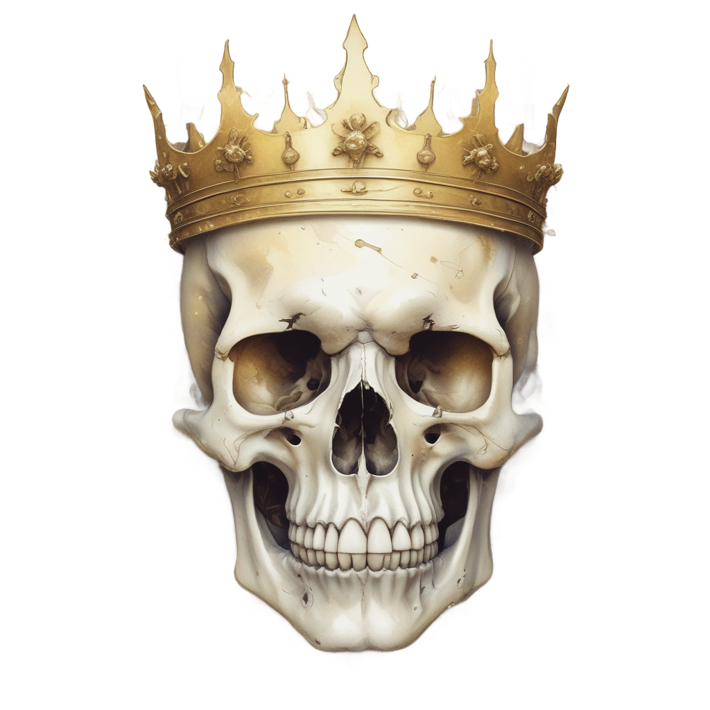 A white and gold watercolor skull with a glowing thorn crown
