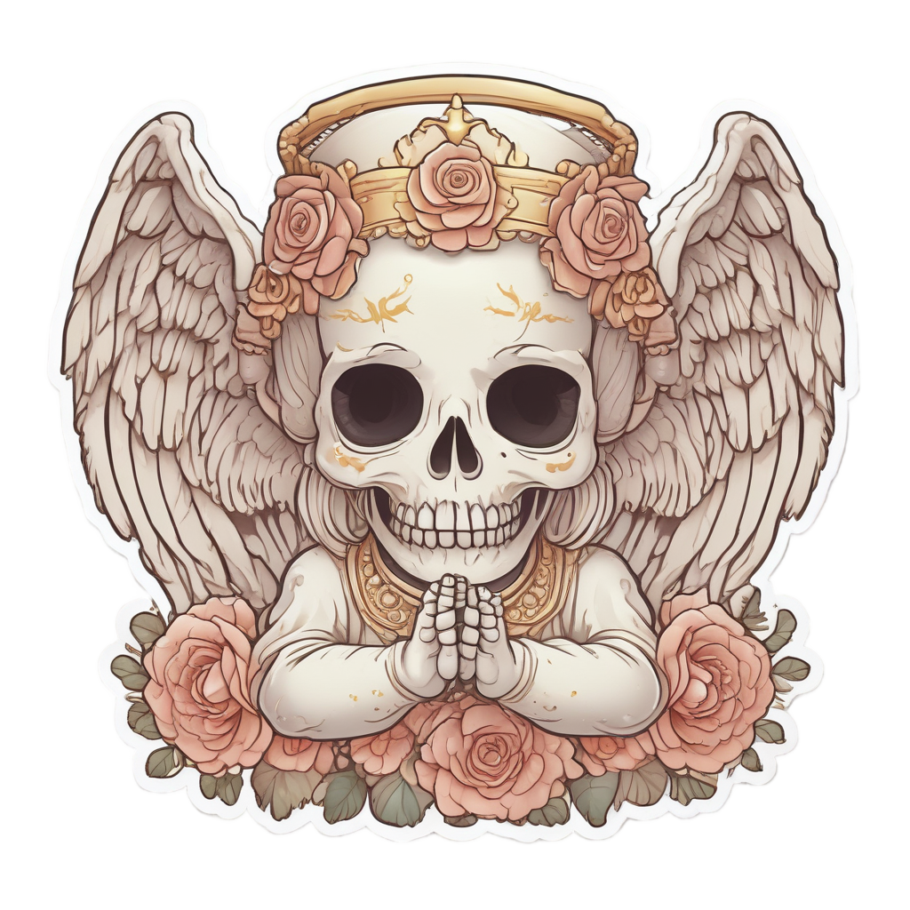 Angelic skull with rose crown and golden halo.
