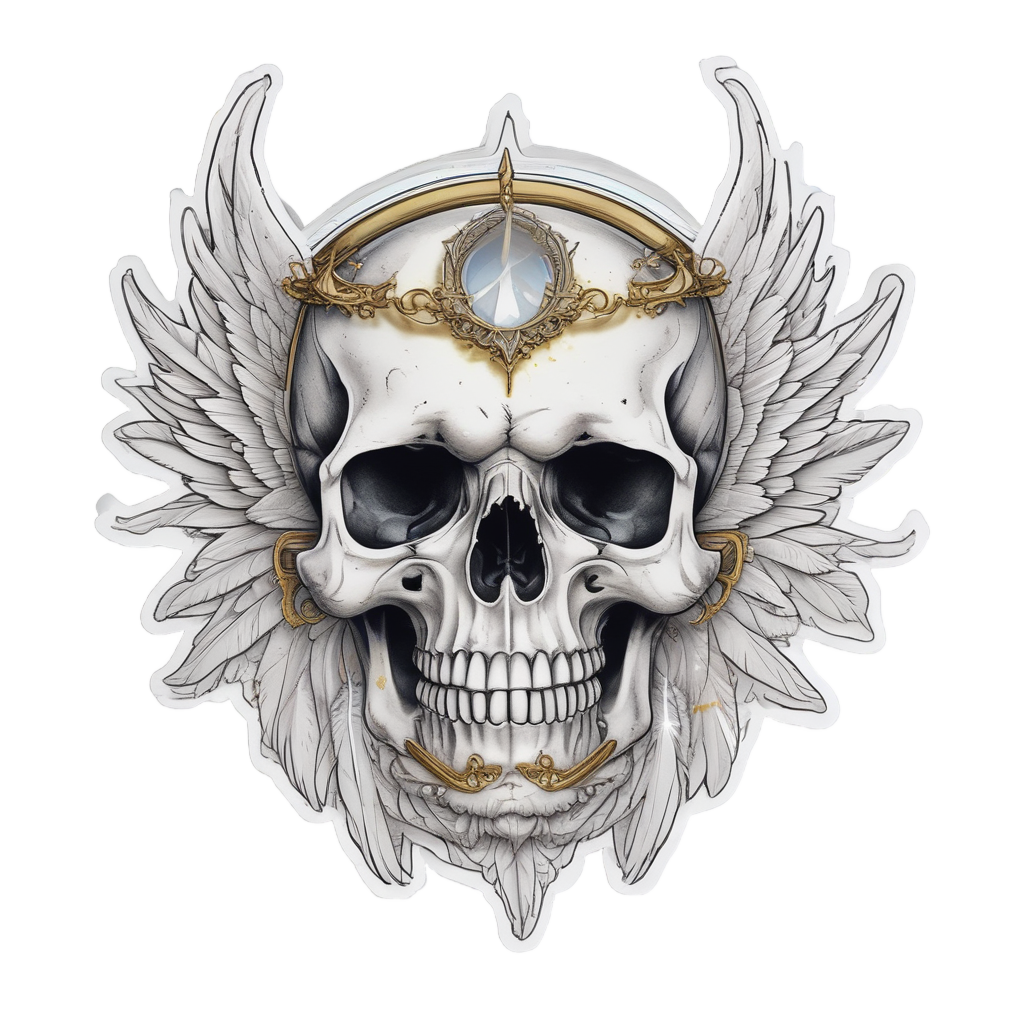 Holographic sticker of a star-eyed angel skull with wings