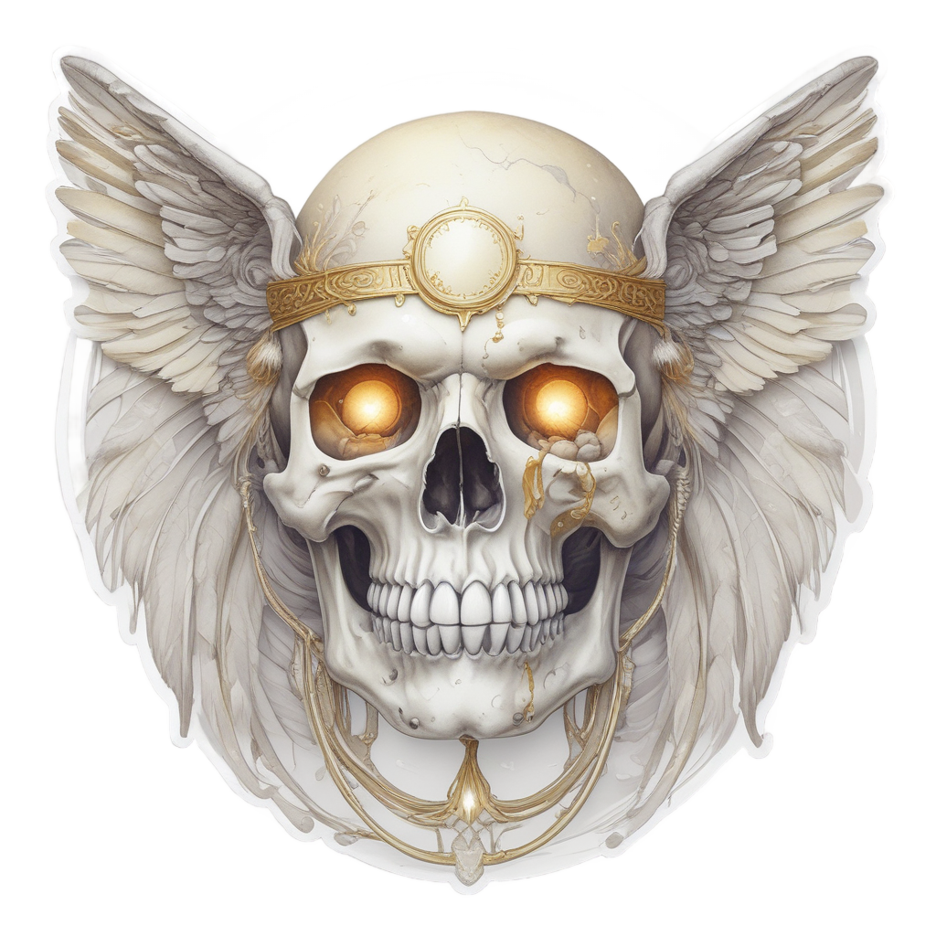 A watercolor angel skull with a white bow and golden halo