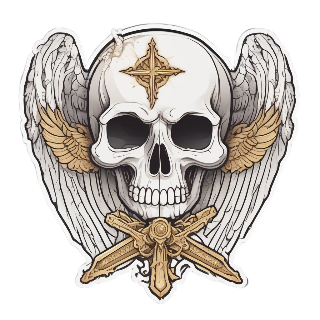 A floating angel skull and dagger sticker with golden halo and wings on white.