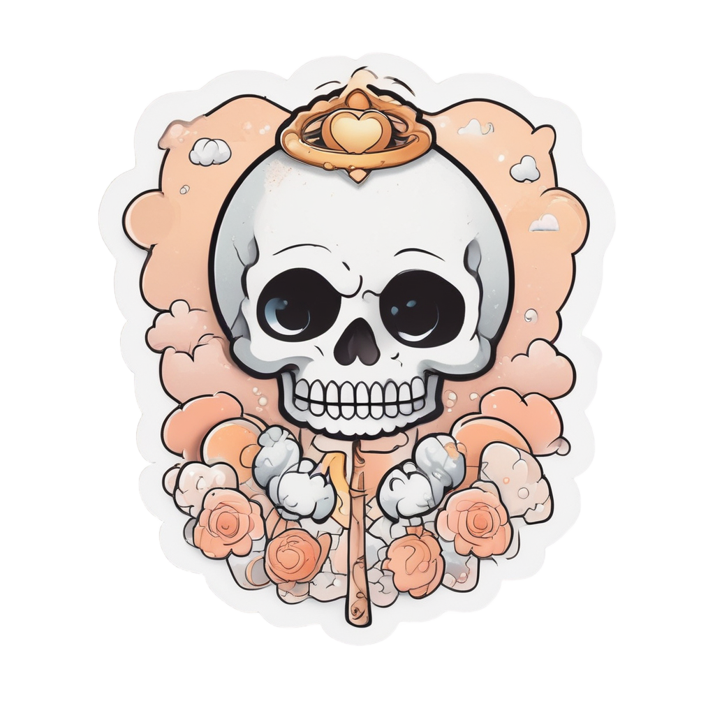 A peach kawaii skull with a golden halo, white wings, and a heart lollipop, surrounded by clouds