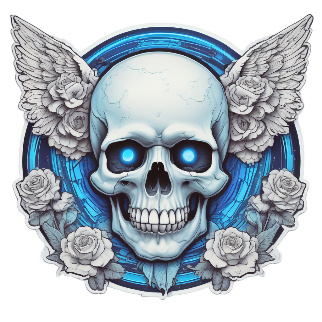 Angel skull with neon white rose halo and blue wings