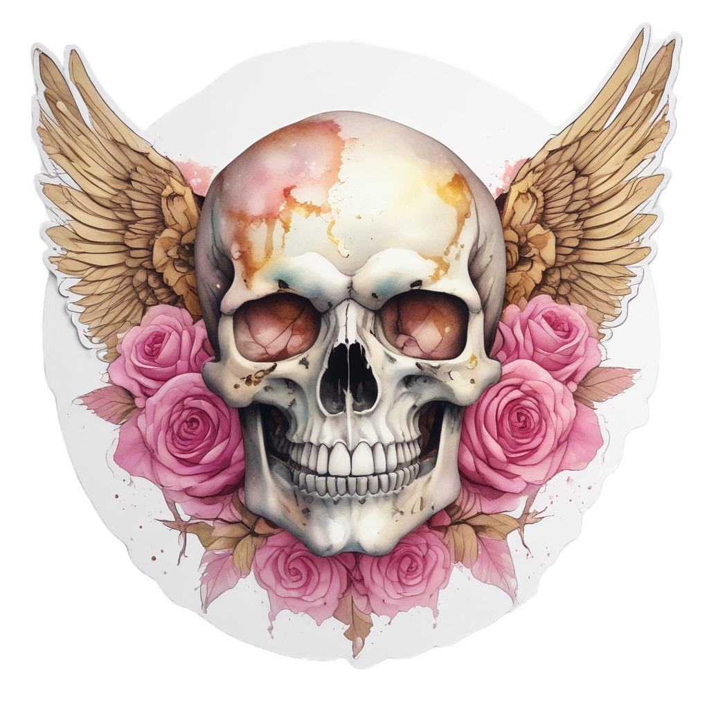 Neon pink and gold watercolor skull with a rose halo and wings