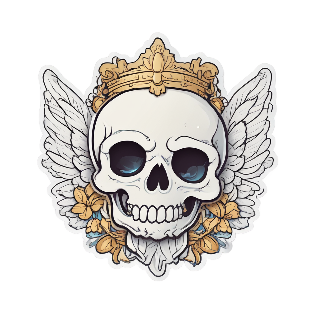 Angel kawaii skull with golden halo, white wings, and a falling white petal on white background.