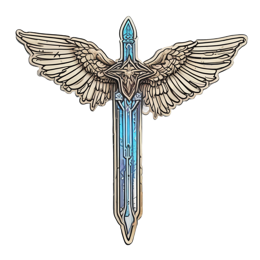 A dagger with a neon angel wing and radiant halo