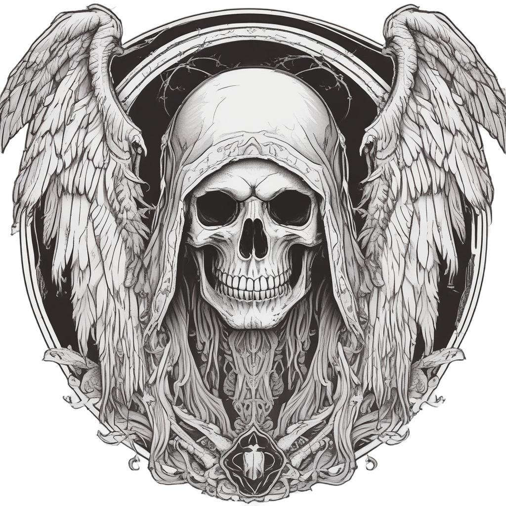 Hooded reaper skull with angel wings in lineart
