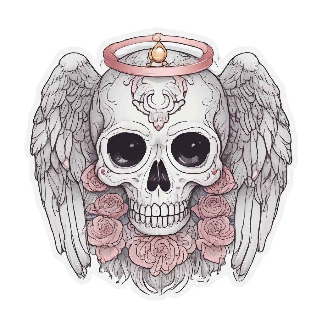 Cute blushing skull with angel wings and halo, tattoo art