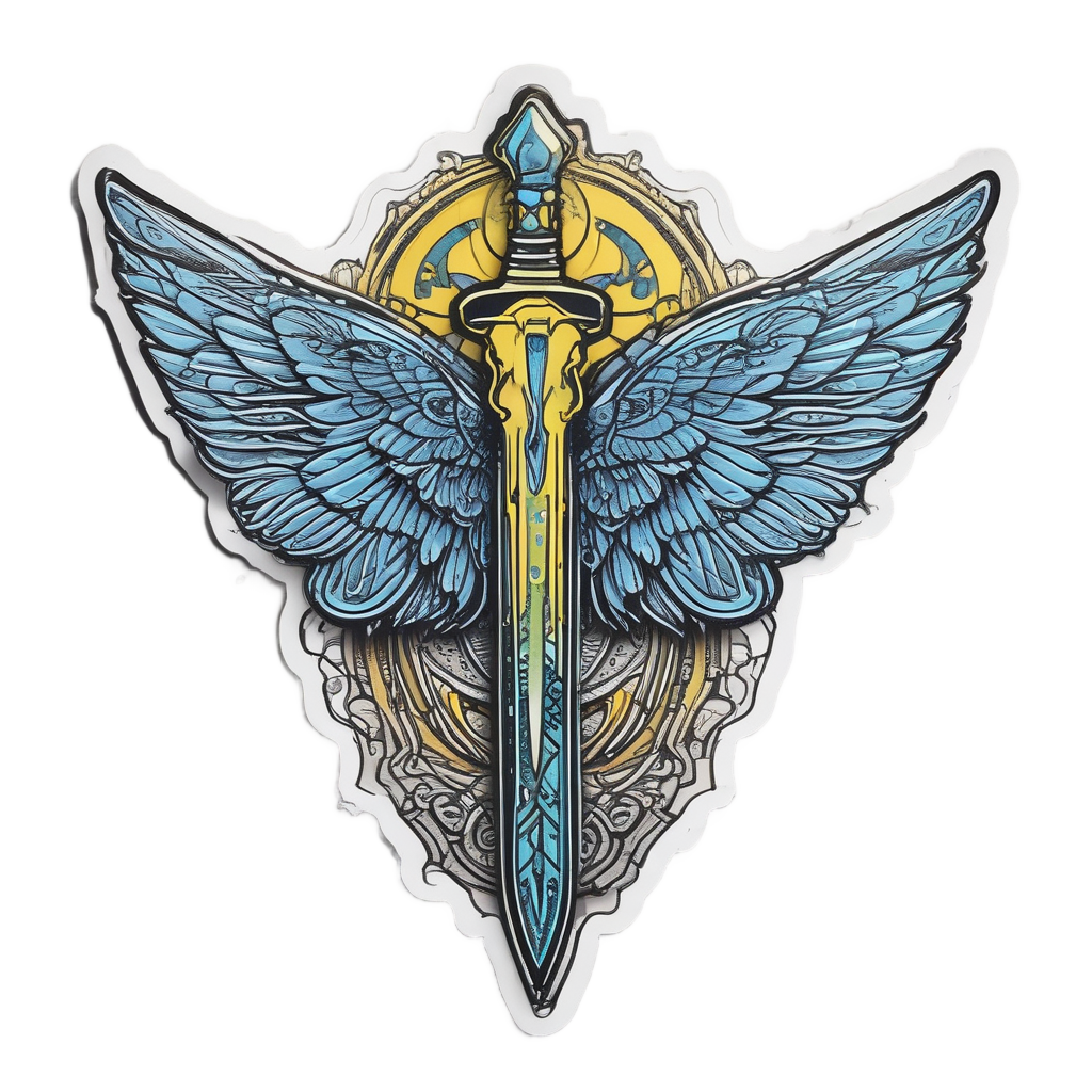 Blackwork dagger with neon blue halo and neon yellow wings at the crossguard