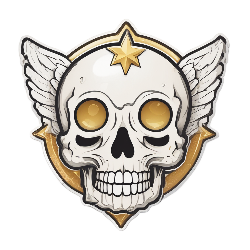 Kawaii star-eyed skull with a gold halo and wings on a cloud