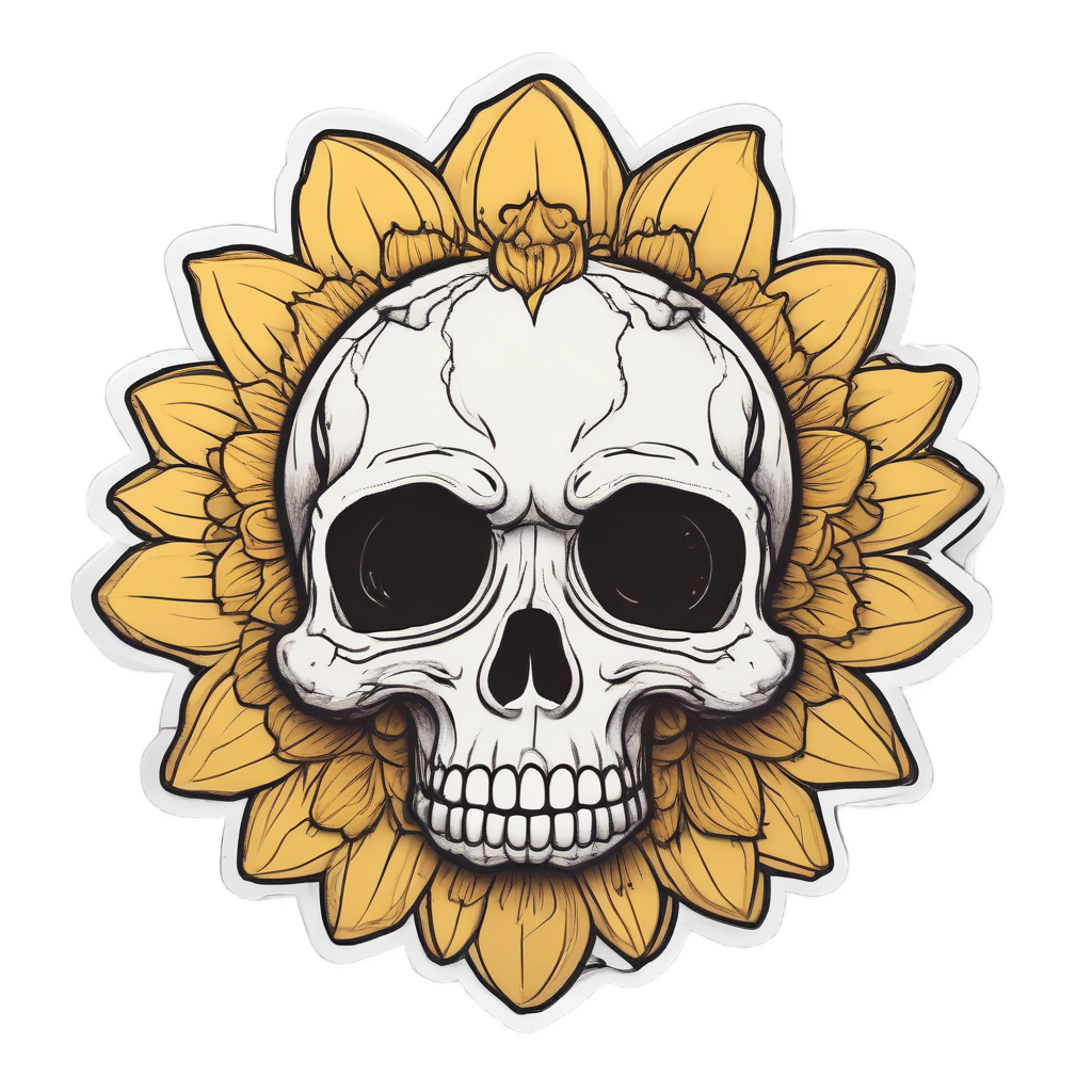 Kawaii sunflower skull with a golden halo in prayer