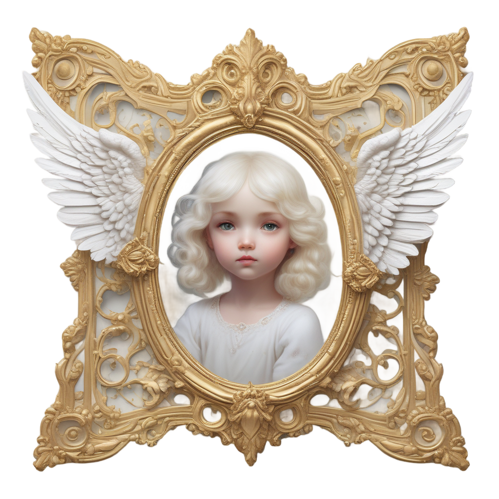A gothic mirror with an angel face and white wings on a gold frame.