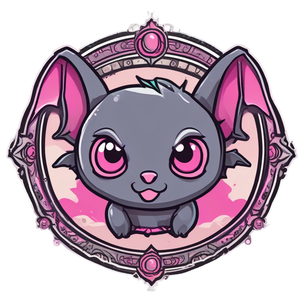 A kawaii die-cut sticker of an angry bat staring into an ornate gothic mirror with pink accents.