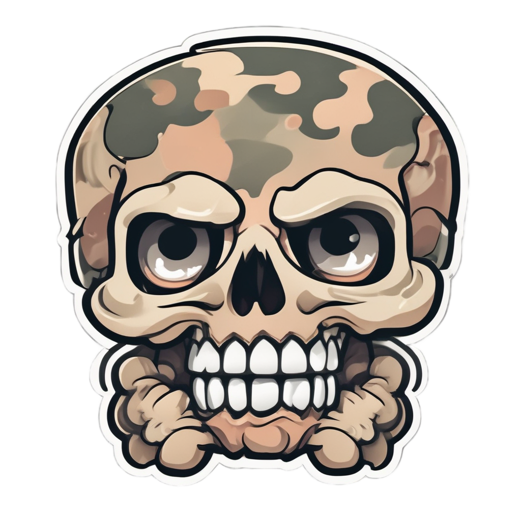A peach skull with green camo, small angry brows and crossed arms
