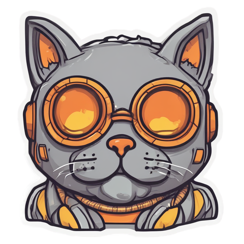 A chubby gray cat with angry eyes and an orange gas mask crossing its paws