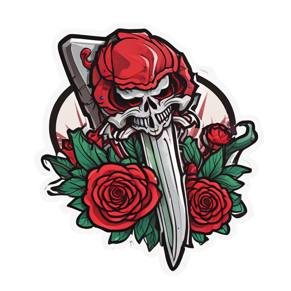 An angry dagger stomping on a rose in red tones.