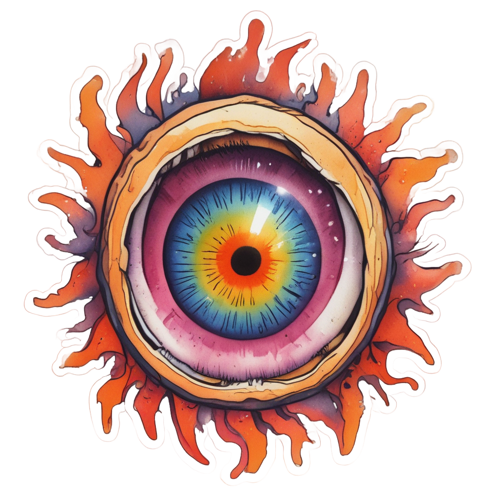 An angry red eyeball with small flames coming from the pupil