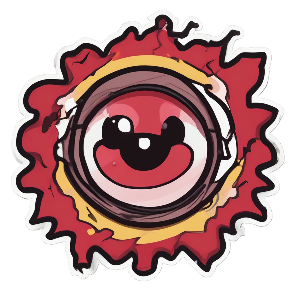 A dark red and black eyeball sticker with an angry expression and a tiny lightning bolt.
