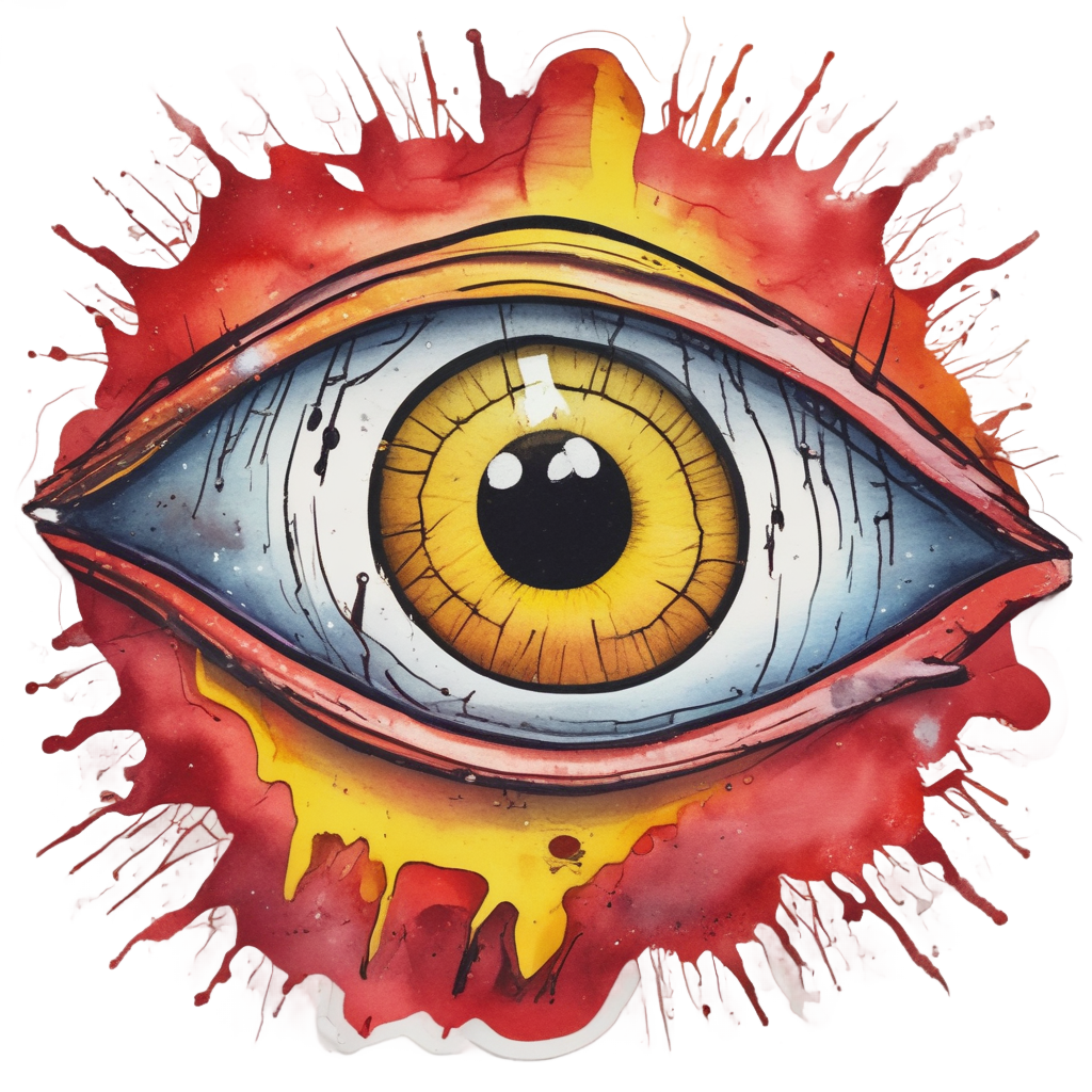 An angry eyeball with a lightning bolt above it, watercolor illustration