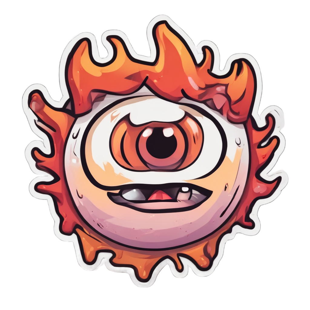 A kawaii eyeball with angry eyebrows and small flames around it