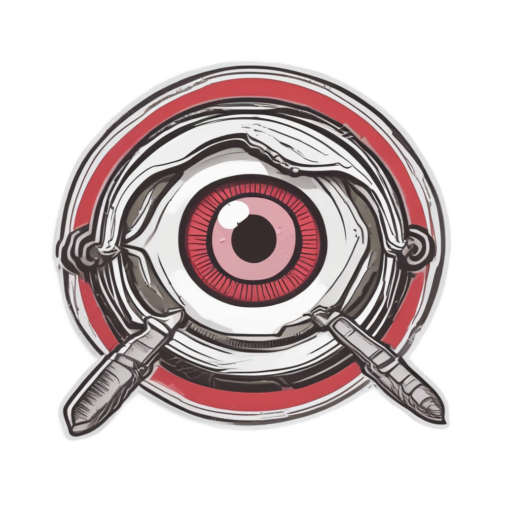 An angry eyeball holding a tiny knife, lineart die-cut sticker