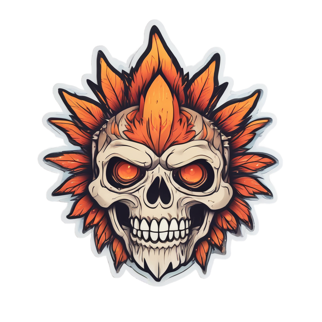 Angry kawaii feather skull with fiery orange feathers and fists