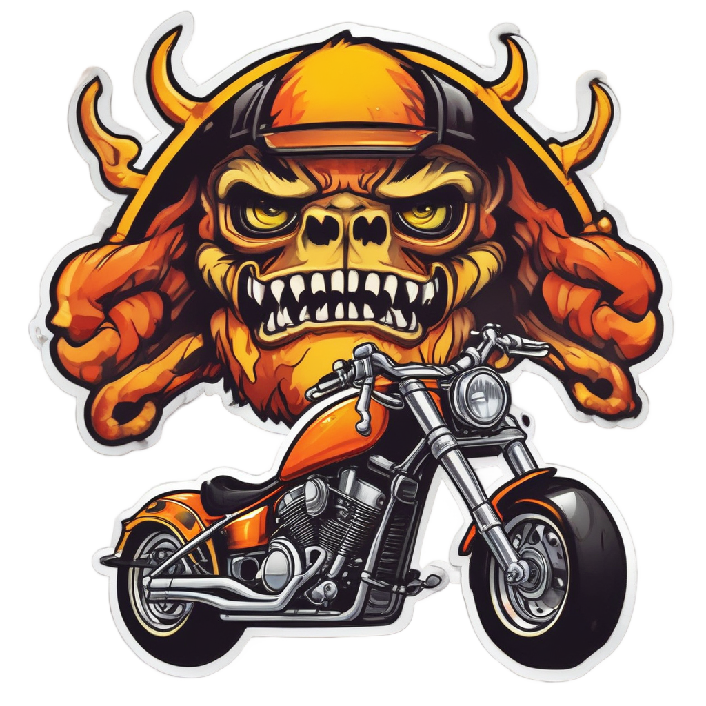 A red chopper motorcycle with flame decals and an angry but cute face.