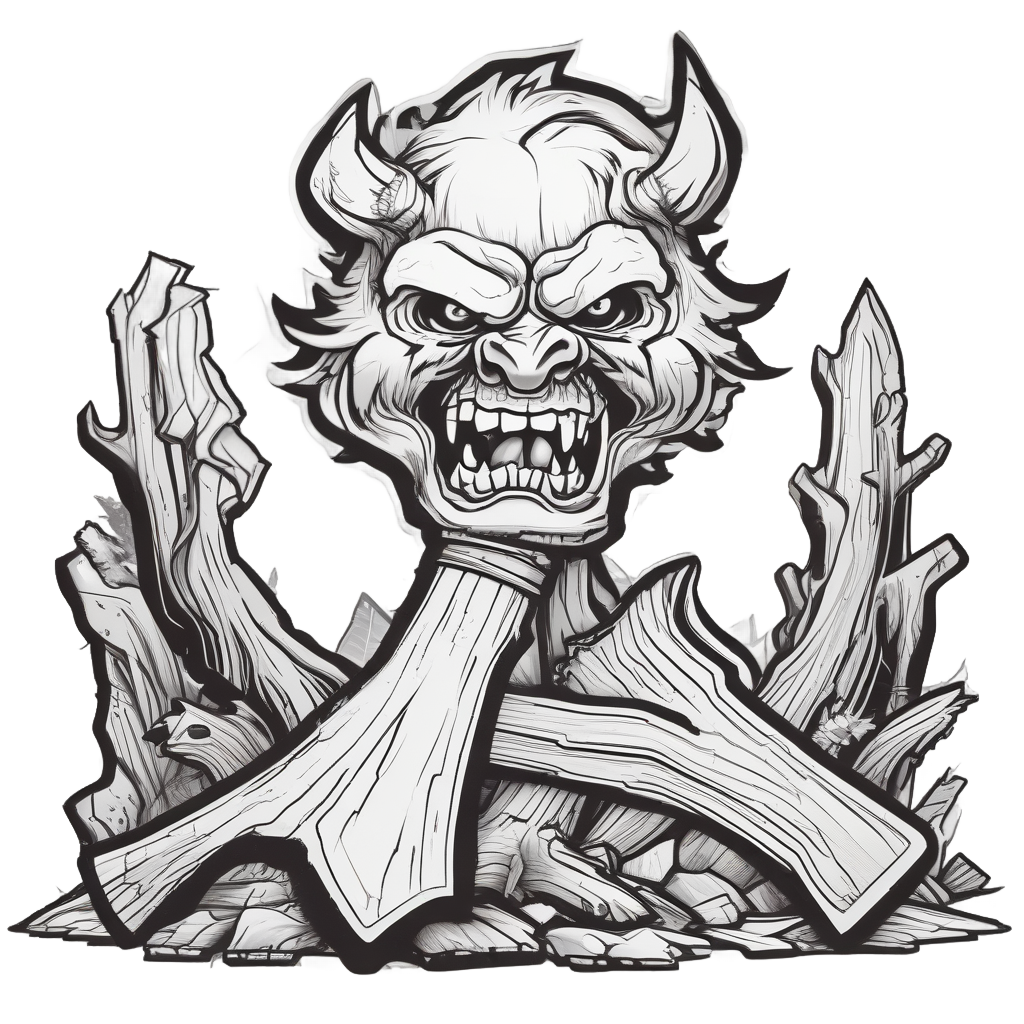 Lineart sticker of an angry hatchet on a log