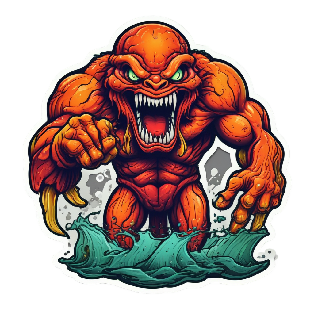 Neon red lagoon creature flexing muscles with angry expression