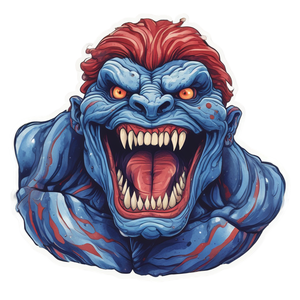 Muscular dark blue creature with red stripes roaring with clenched fists
