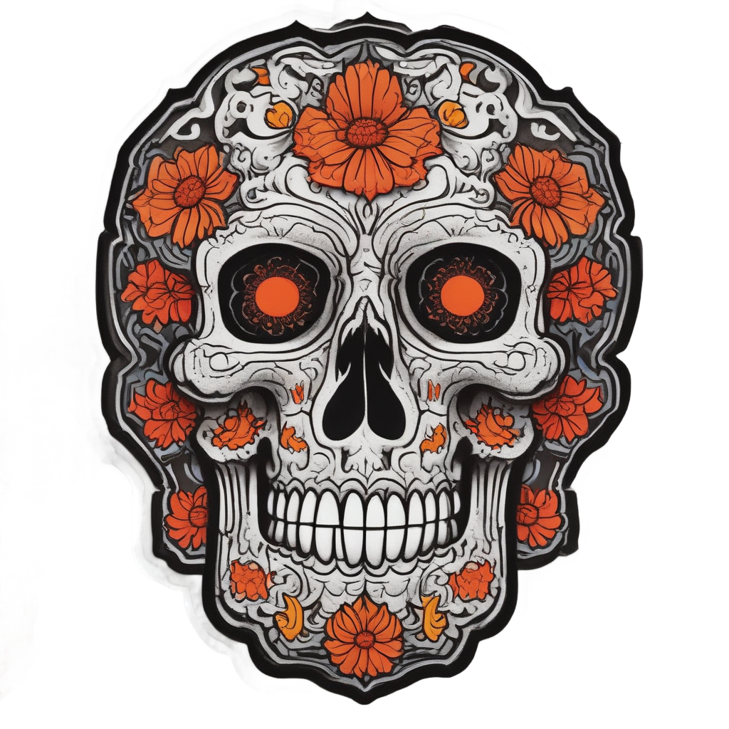 An angry papercut skull with jagged marigold eyebrows and clenched teeth in red and black.