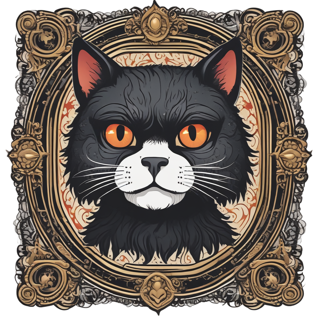 A cute angry black cat in an ornate mirror, red and gold, die-cut sticker.