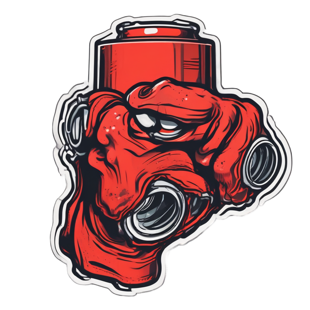 A red oil can with angry eyebrows stomping a foot.