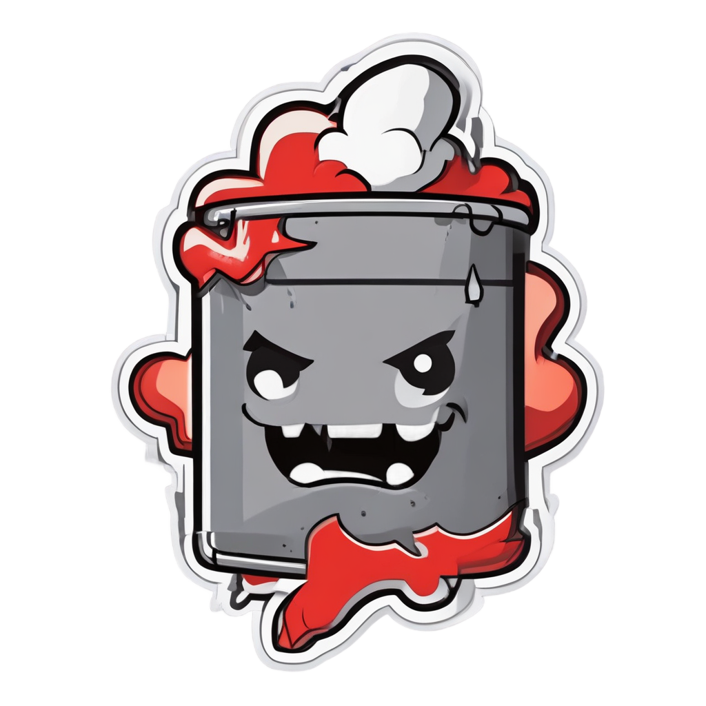 A red oil can with angry eyebrows and a storm cloud above it, with lightning bolts.