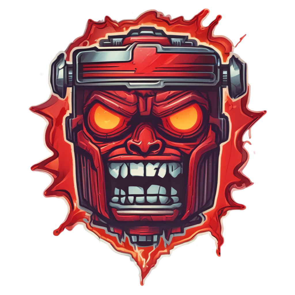 Red neon piston with angry eyes holding a wrench in a lightning storm
