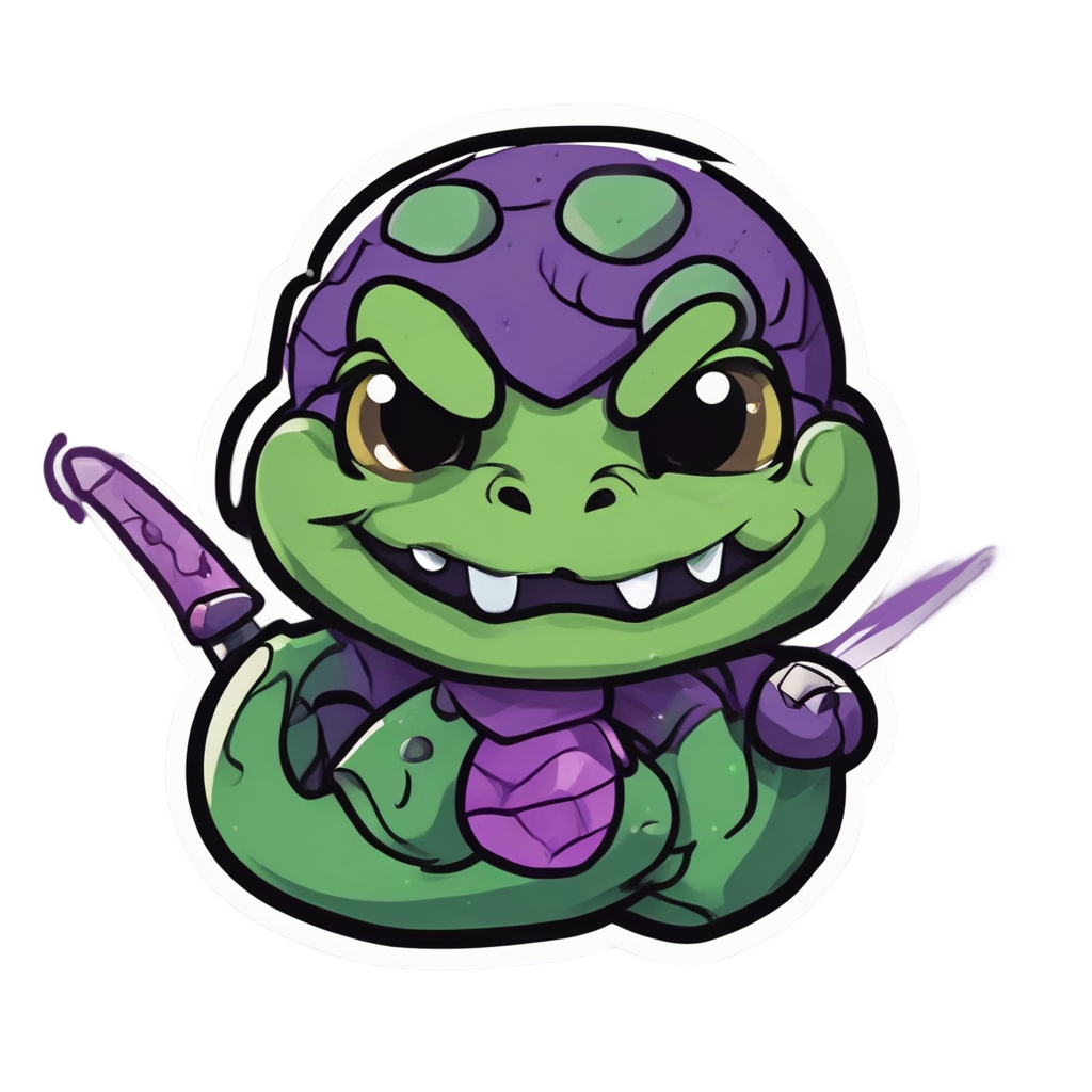 A purple snake with a pouty face holds a dagger