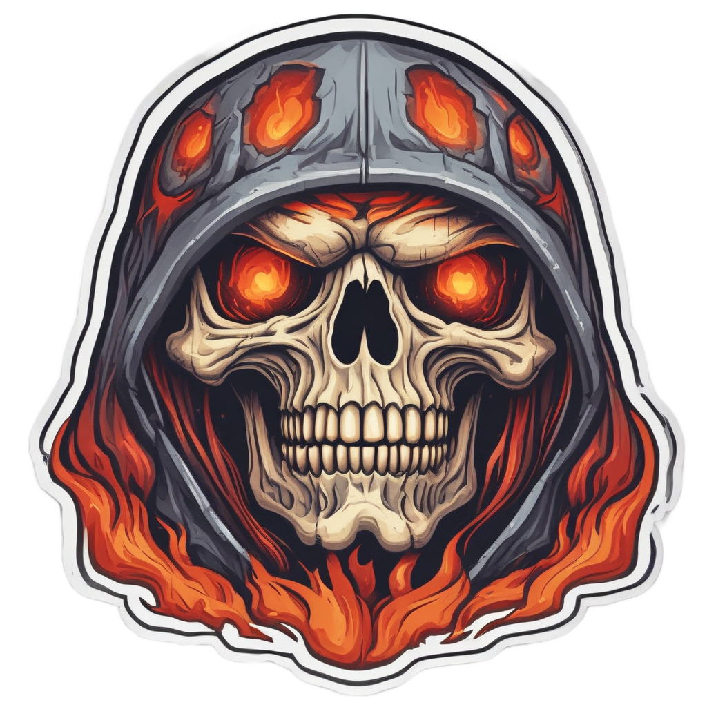 Angry reaper skull with holographic orange red flames from eyes