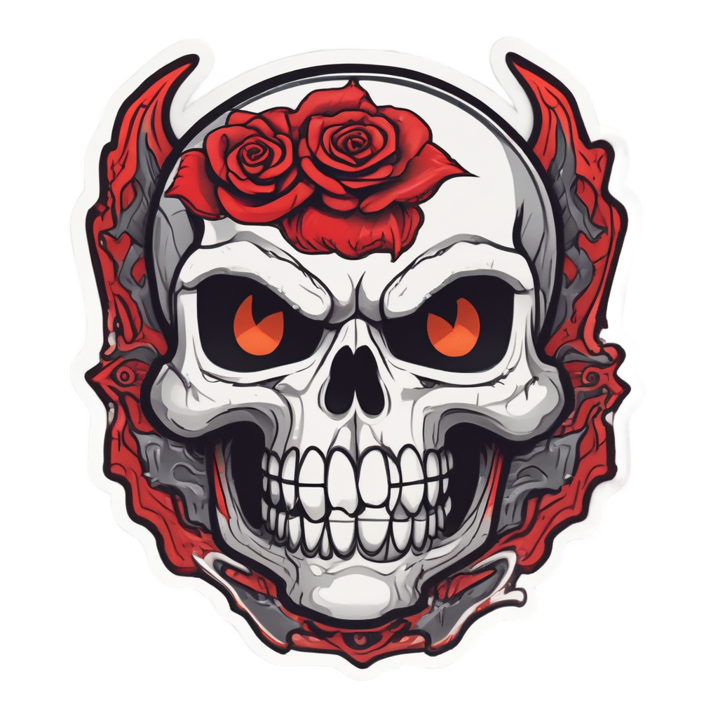 Angry kawaii skull with a rose in its mouth and flames, red and black colors.