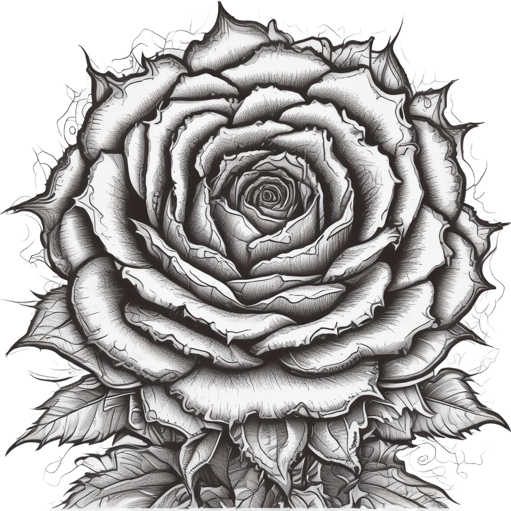 An angry dark rose with furrowed brows and sharp thorns in red lineart