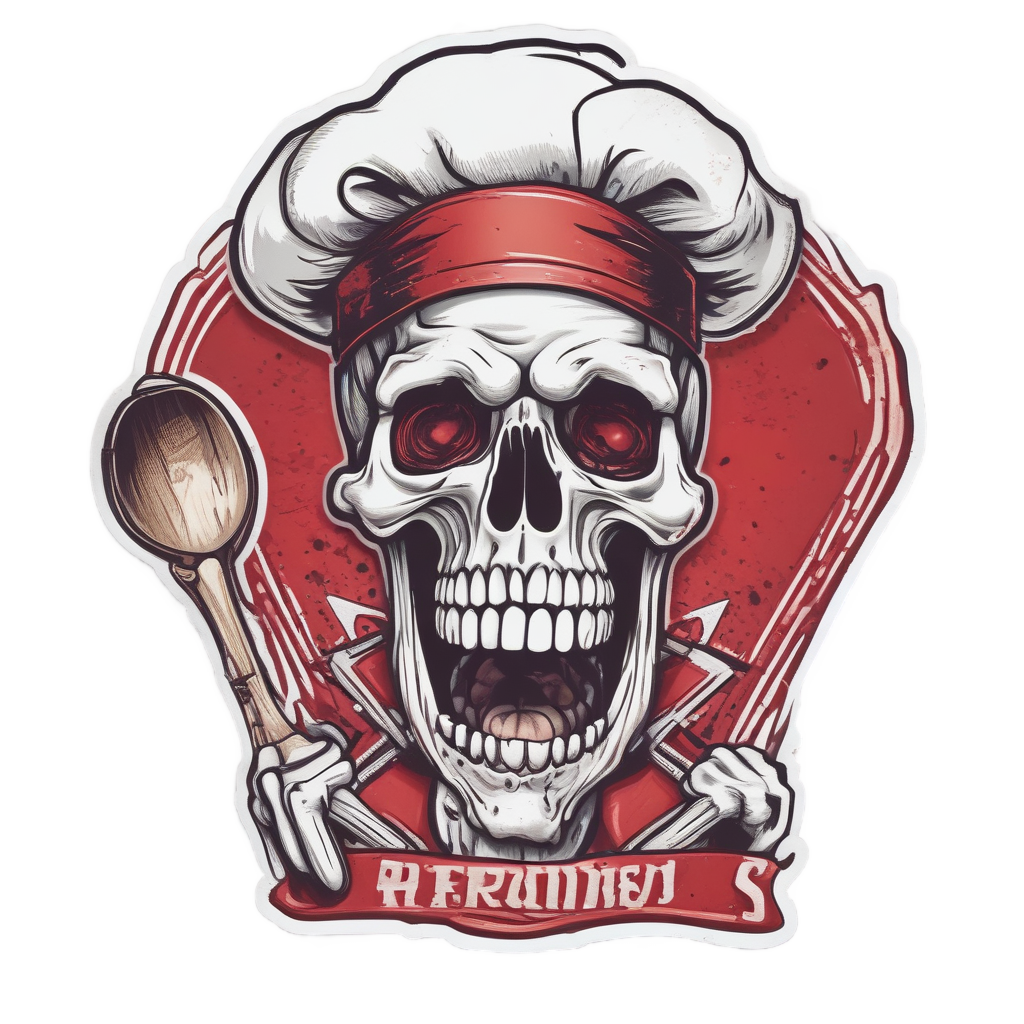 A snarling skull in a chef's hat holding a spoon with sauce splatters on white.