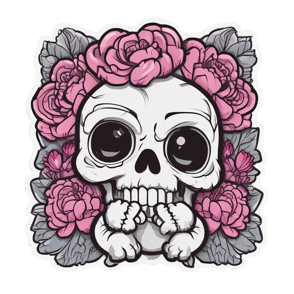 An angry kawaii skull crushing a peony
